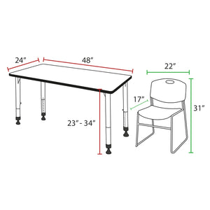 Kee Classroom Table and Chair Package, Kee 48" x 24" Rectangular Adjustable Height Table with 2 Black Zeng Stack Chairs