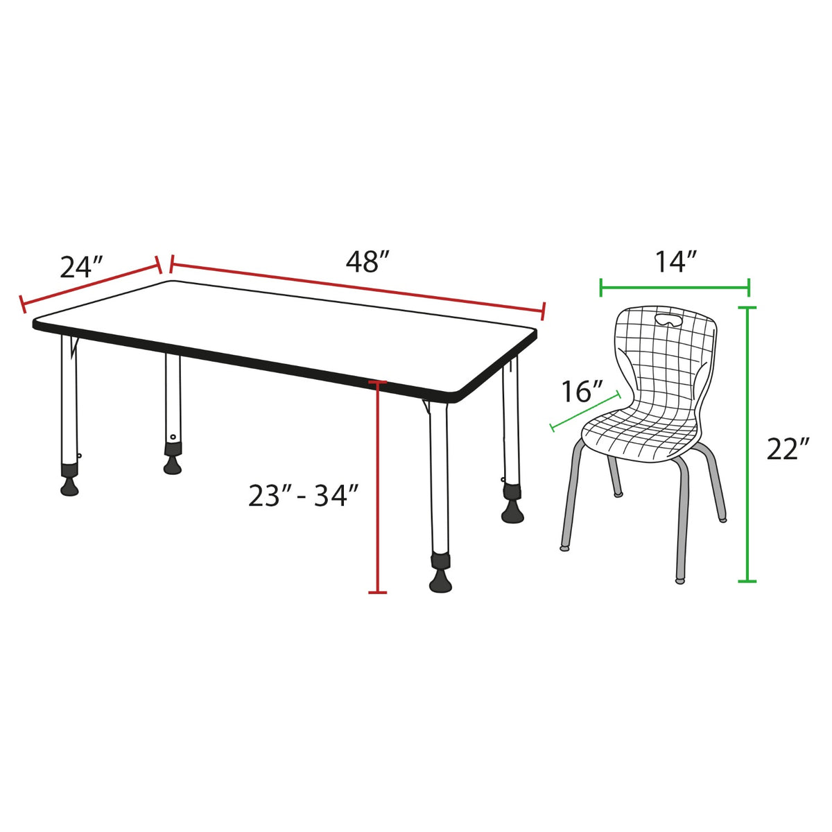 Kee Classroom Table and Chair Package, Kee 48" x 24" Rectangular Adjustable Height Table with 2 Andy 12" Stack Chairs