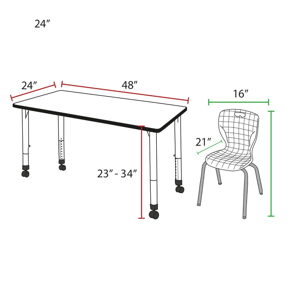 Kee Classroom Table and Chair Package, Kee 48" x 24" Rectangular Mobile Adjustable Height Table with 2 Andy 18" Stack Chairs