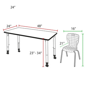 Kee Classroom Table and Chair Package, Kee 48" x 24" Rectangular Mobile Adjustable Height Table with 2 Andy 18" Stack Chairs