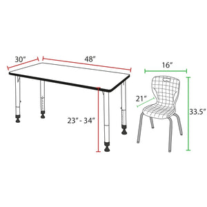 Kee Classroom Table and Chair Package, Kee 48" x 30" Rectangular Adjustable Height Table with 2 Andy 18" Stack Chairs