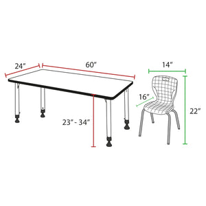 Kee Classroom Table and Chair Package, Kee 60" x 24" Rectangular Adjustable Height Table with 2 Andy 12" Stack Chairs