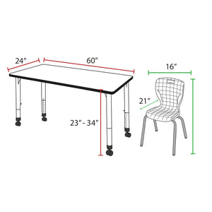 Kee Classroom Table and Chair Package, Kee 60" x 24" Rectangular Mobile Adjustable Height Table with 2 Andy 18" Stack Chairs