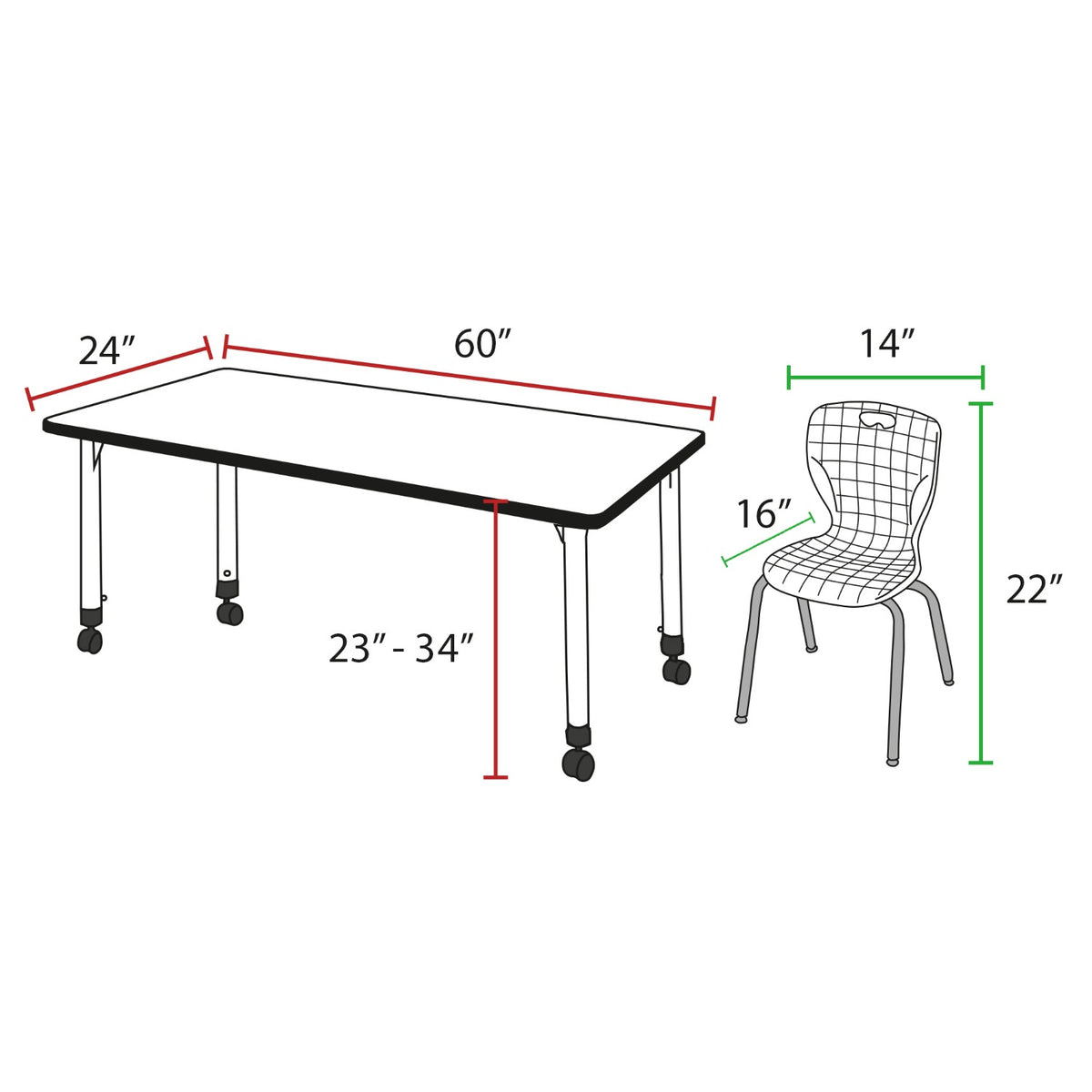 Kee Classroom Table and Chair Package, Kee 60" x 24" Rectangular Mobile Adjustable Height Table with 2 Andy 12" Stack Chairs