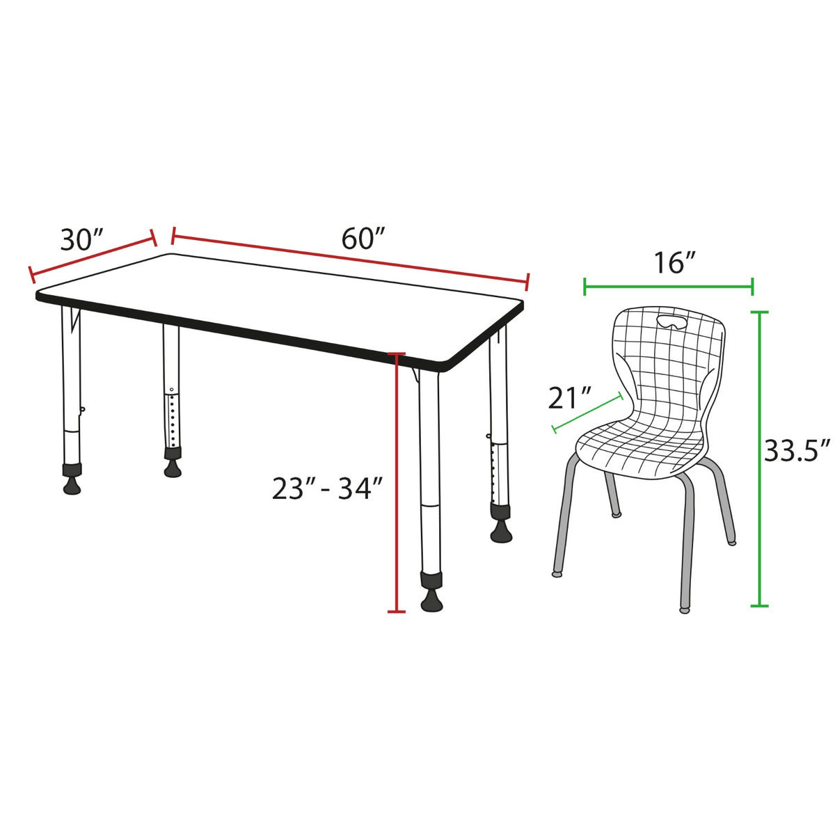 Kee Classroom Table and Chair Package, Kee 60" x 30" Rectangular Adjustable Height Table with 2 Andy 18" Stack Chairs