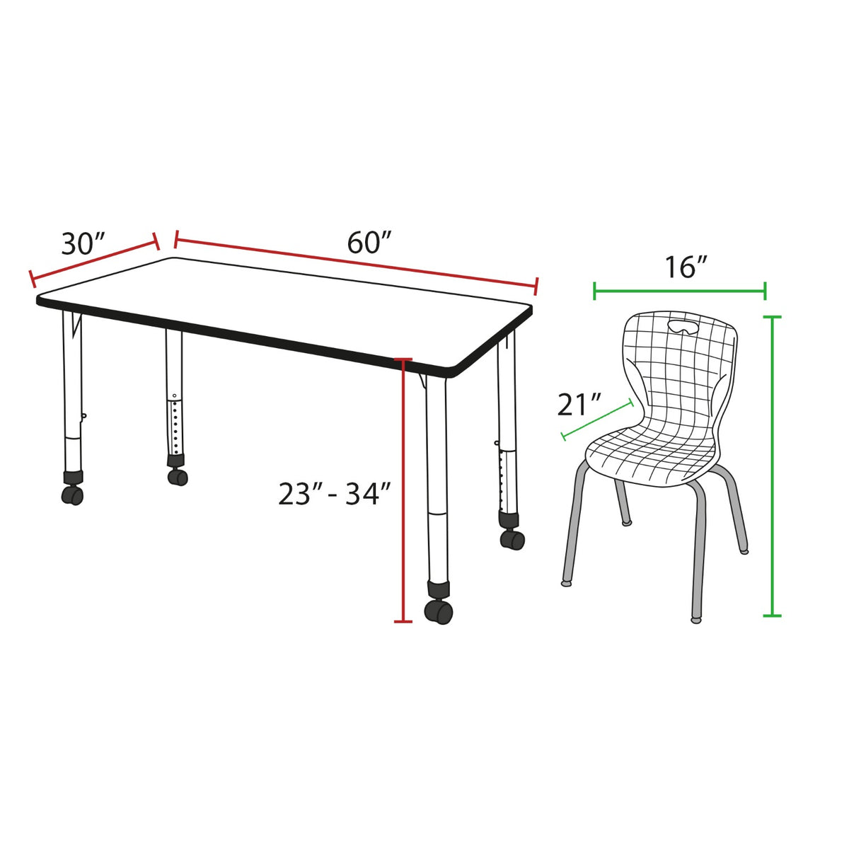 Kee Classroom Table and Chair Package, Kee 60" x 30" Rectangular Mobile Adjustable Height Table with 2 Andy 18" Stack Chairs