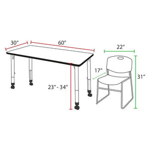 Kee Classroom Table and Chair Package, Kee 60" x 30" Rectangular Mobile Adjustable Height Table with 2 Black Zeng Stack Chairs