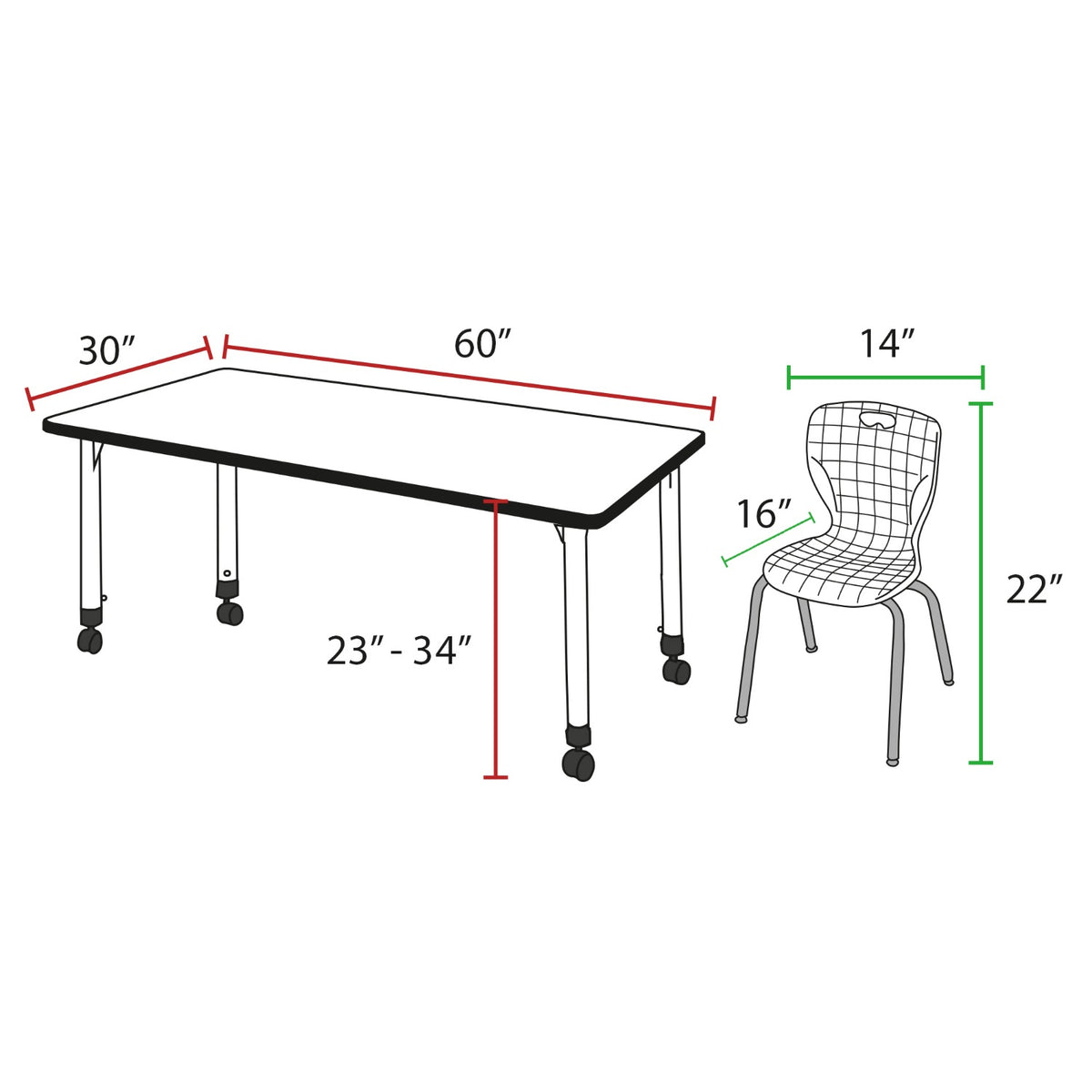 Kee Classroom Table and Chair Package, Kee 60" x 30" Rectangular Mobile Adjustable Height Table with 2 Andy 12" Stack Chairs