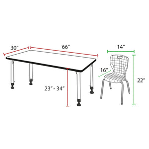 Kee Classroom Table and Chair Package, Kee 66" x 30" Rectangular Adjustable Height Table with 2 Andy 12" Stack Chairs