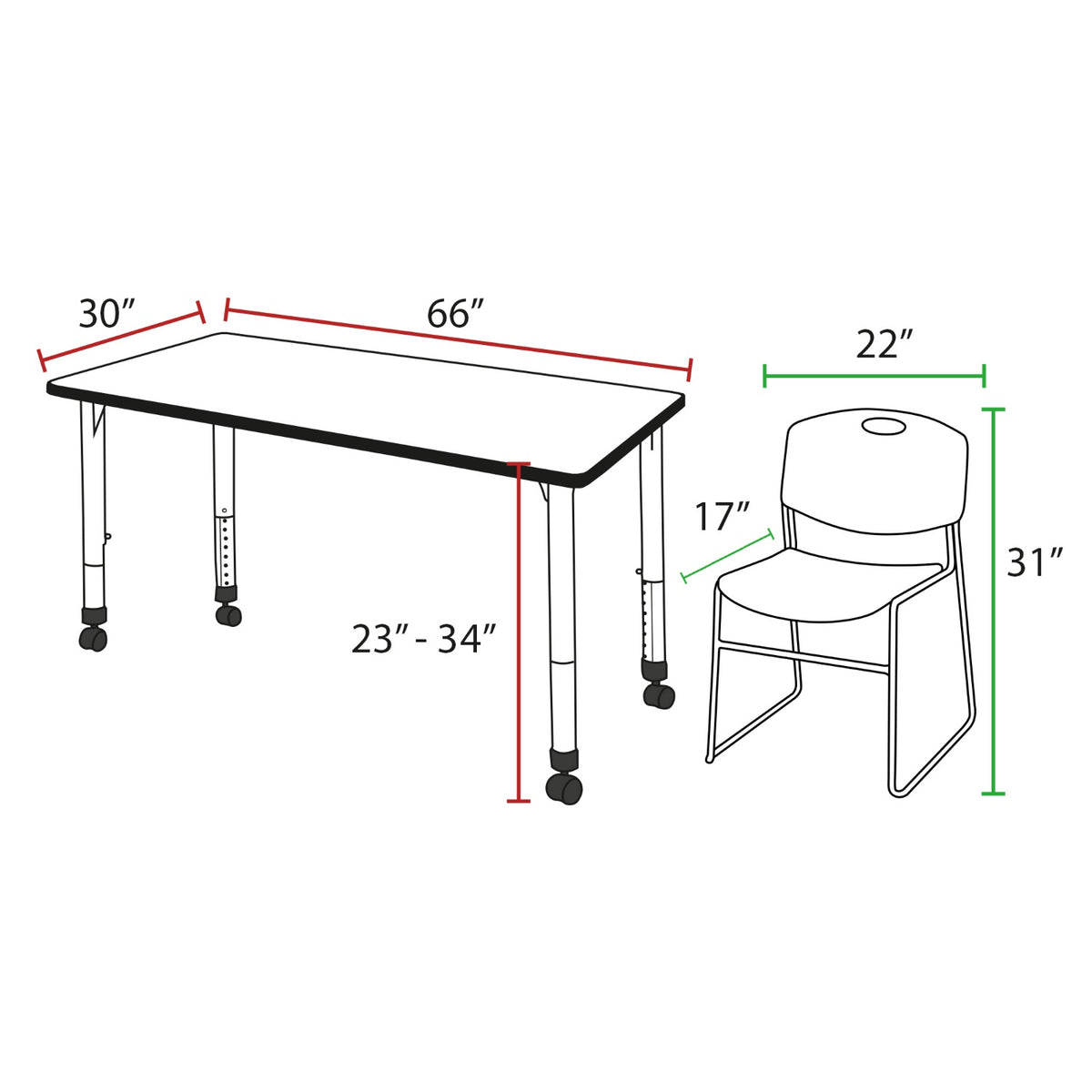 Kee Classroom Table and Chair Package, Kee 66" x 30" Rectangular Mobile Adjustable Height Table with 2 Black Zeng Stack Chairs