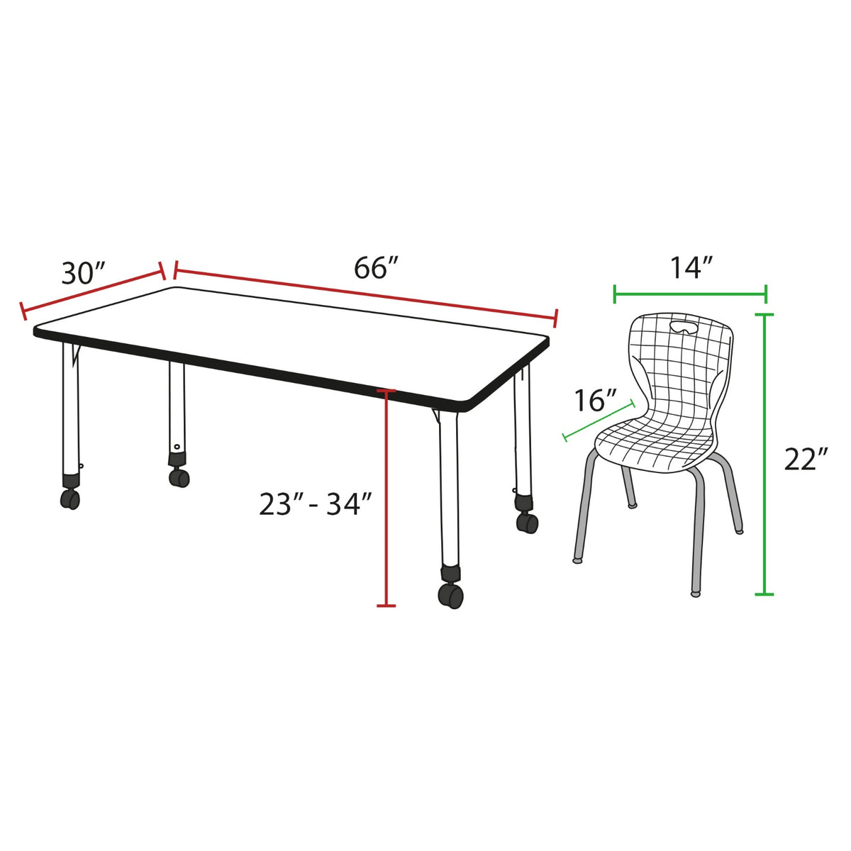 Kee Classroom Table and Chair Package, Kee 66" x 30" Rectangular Mobile Adjustable Height Table with 2 Andy 12" Stack Chairs