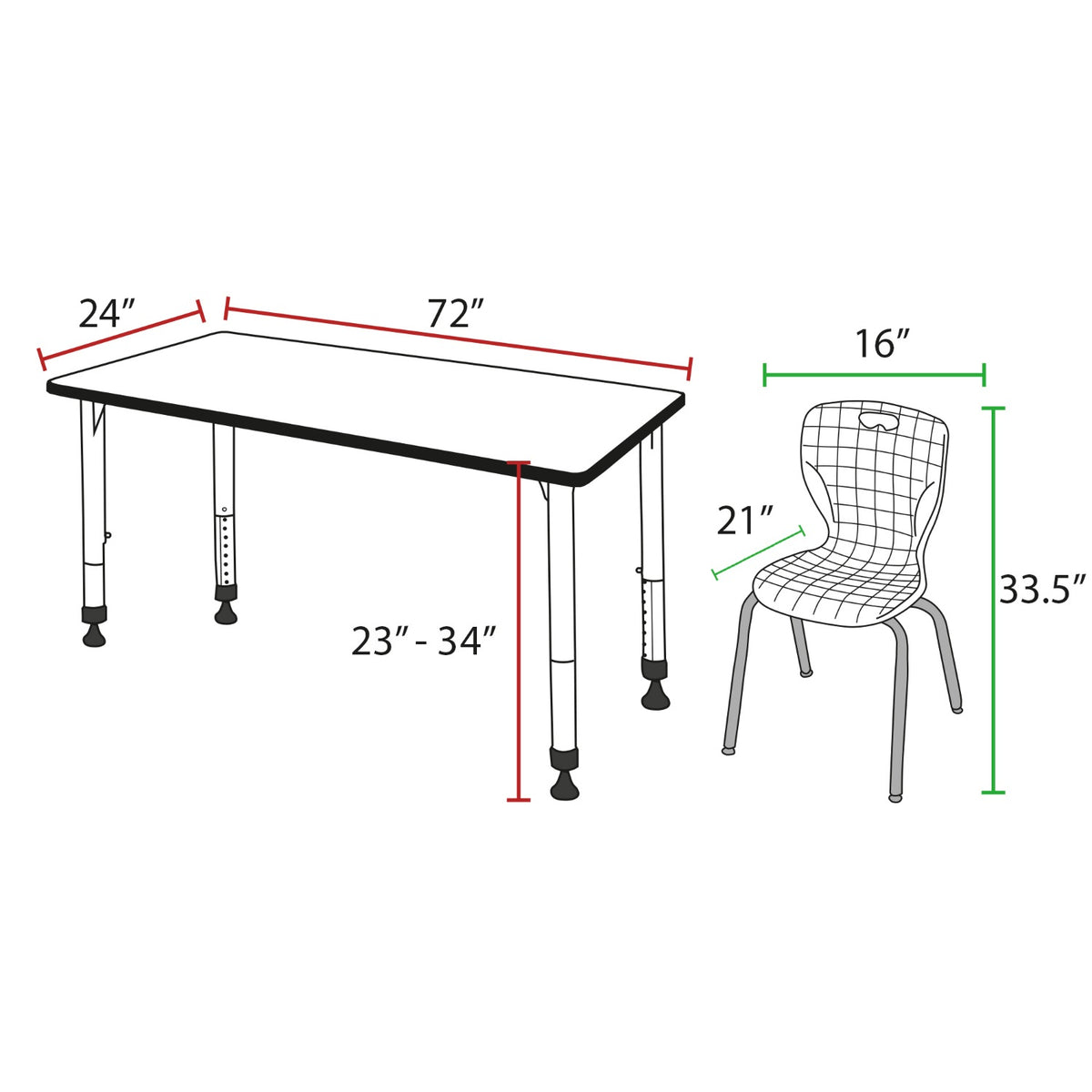 Kee Classroom Table and Chair Package, Kee 72" x 24" Rectangular Adjustable Height Table with 2 Andy 18" Stack Chairs