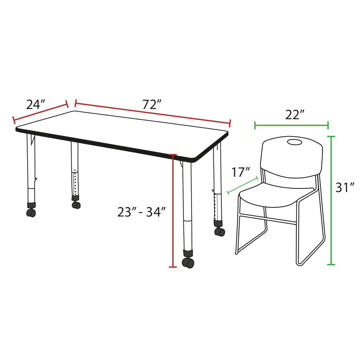 Kee Classroom Table and Chair Package, Kee 72" x 24" Rectangular Mobile Adjustable Height Table with 2 Black Zeng Stack Chairs