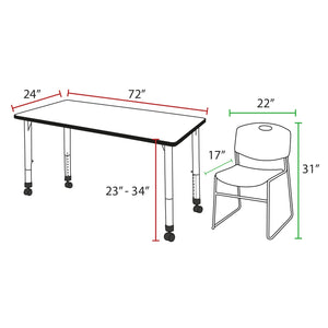 Kee Classroom Table and Chair Package, Kee 72" x 24" Rectangular Mobile Adjustable Height Table with 2 Black Zeng Stack Chairs