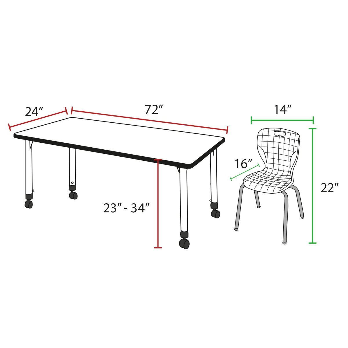 Kee Classroom Table and Chair Package, Kee 72" x 24" Rectangular Mobile Adjustable Height Table with 2 Andy 12" Stack Chairs