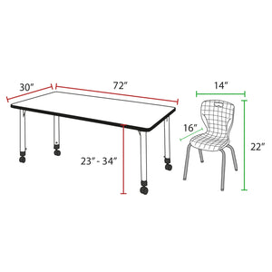 Kee Classroom Table and Chair Package, Kee 72" x 30" Rectangular Mobile Adjustable Height Table with 2 Andy 12" Stack Chairs