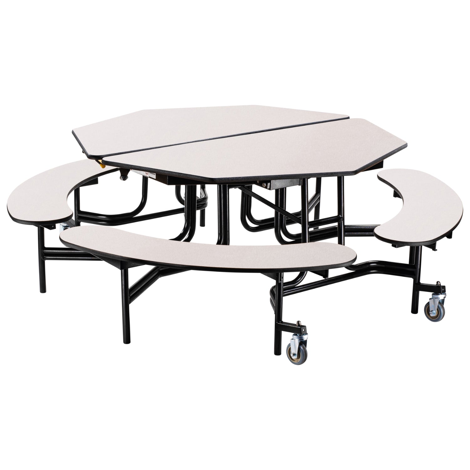 Mobile Cafeteria Table with Benches, 60" Octagon, MDF Core, Black ProtectEdge, Textured Black Frame