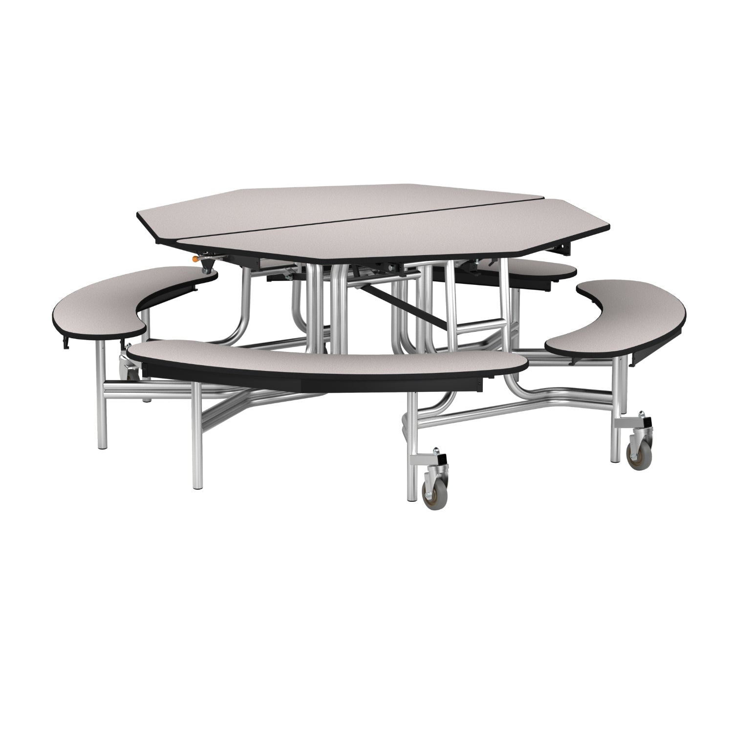 Mobile Cafeteria Table with Benches, 60" Octagon, Particleboard Core, Vinyl T-Mold Edge, Chrome Frame