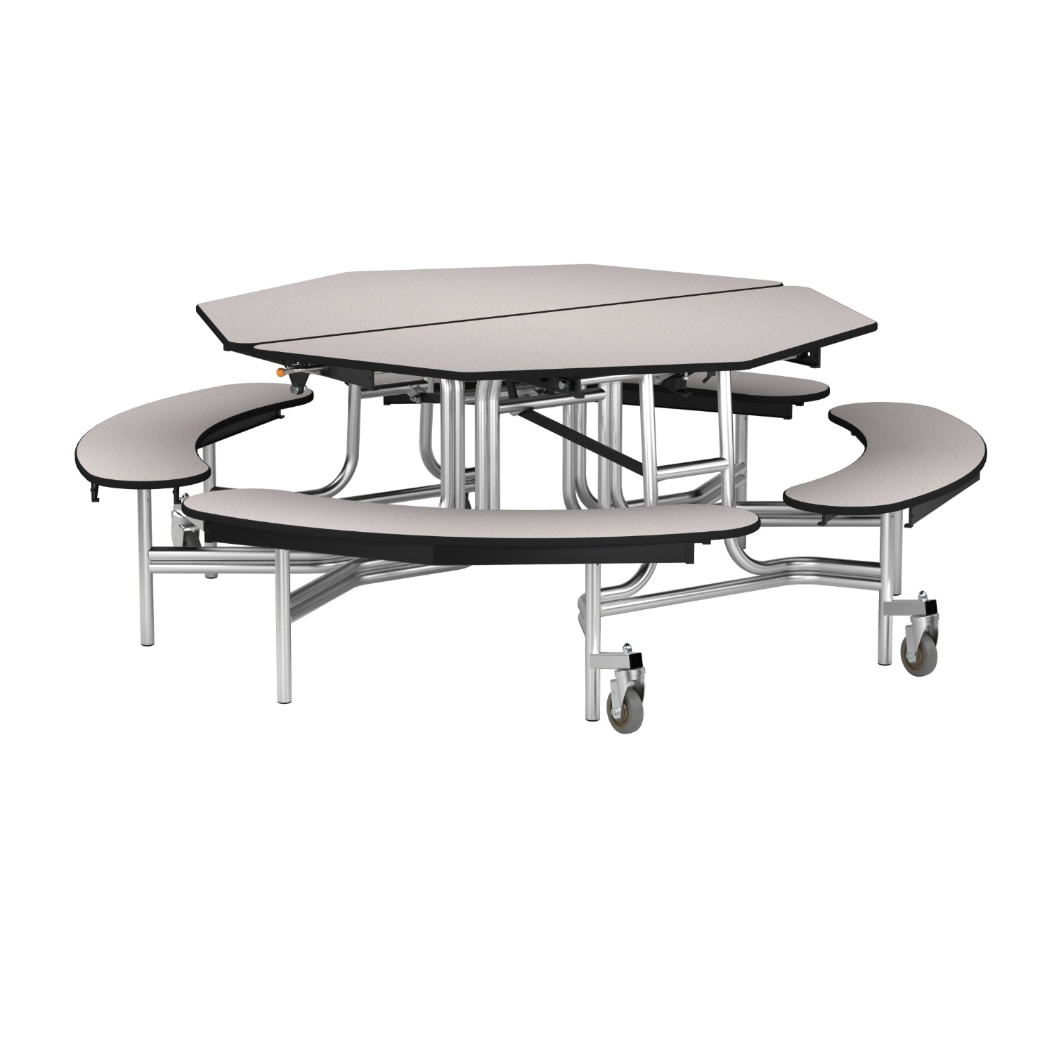 Mobile Cafeteria Table with Benches, 60" Octagon, Plywood Core, Vinyl T-Mold Edge, Chrome Frame