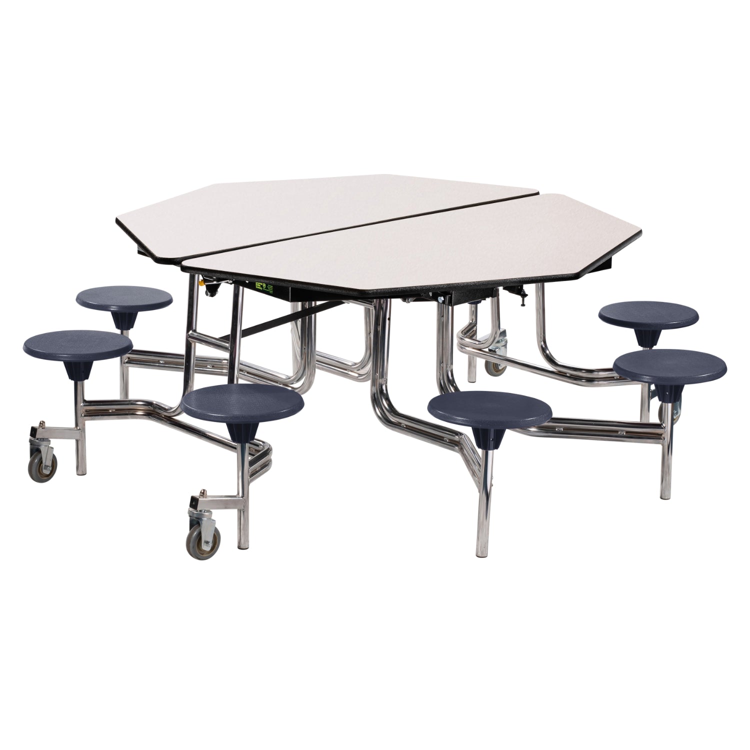 Mobile Cafeteria Table with 8 Stools, 60" Octagon, MDF Core, ProtectEdge, Chrome Frame