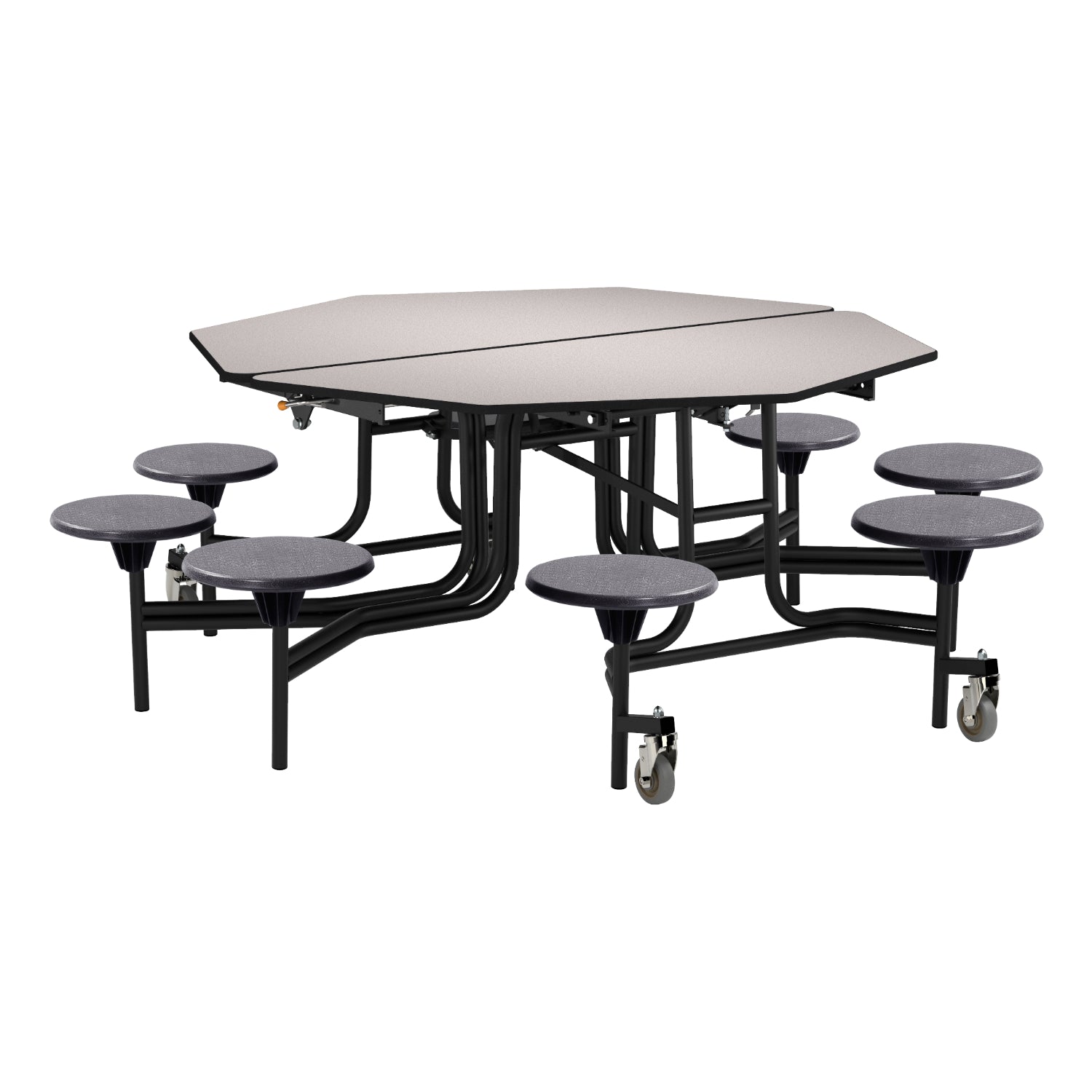 Mobile Cafeteria Table with 8 Stools, 60" Octagon, MDF Core, ProtectEdge, Textured Black Frame