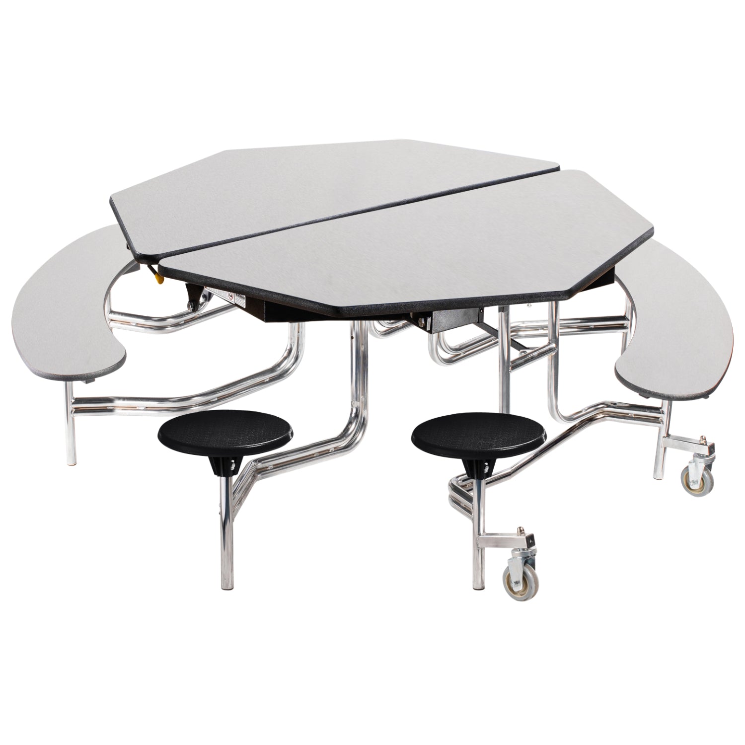 Mobile Combo Cafeteria Table, 60" Octagon with Stools and Benches, MDF Core, Black ProtectEdge, Chrome Frame
