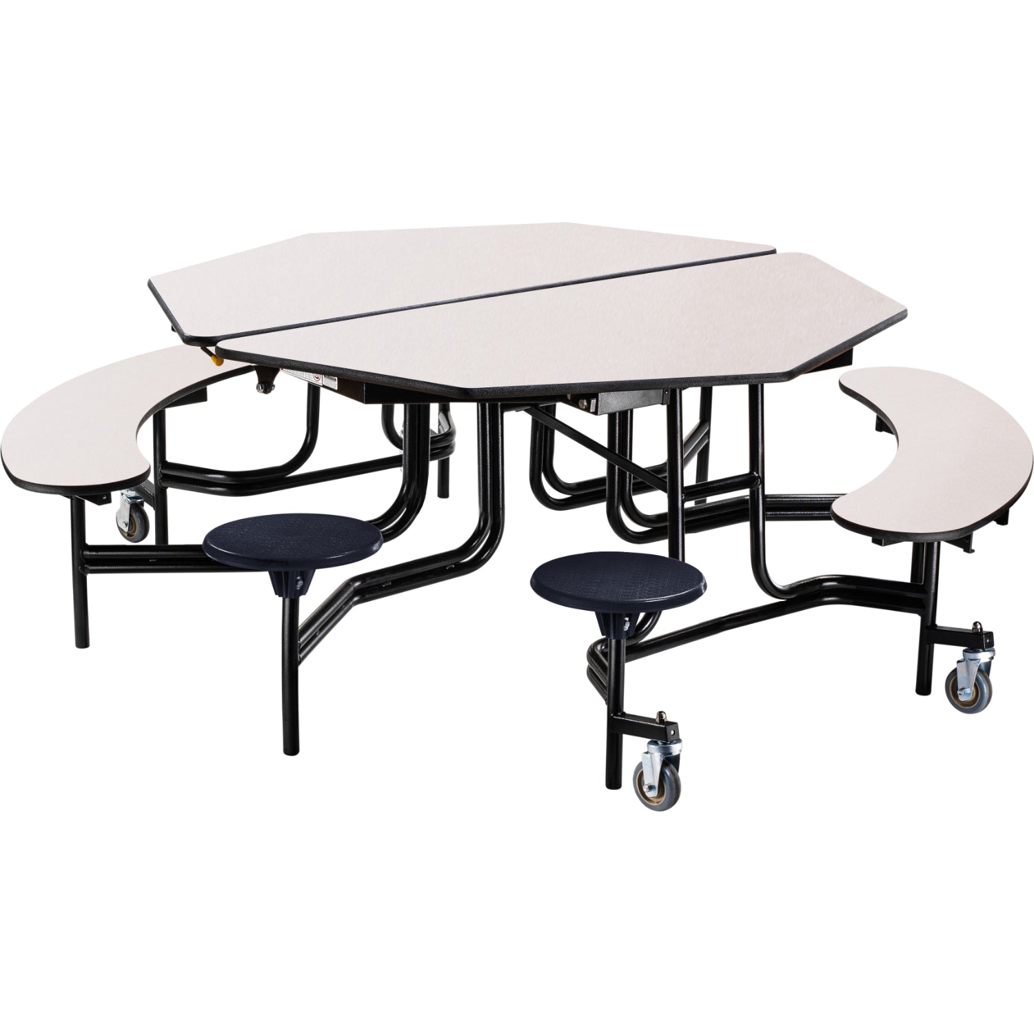 Mobile Combo Cafeteria Table, 60" Octagon with Stools and Benches, MDF Core, Black ProtectEdge, Textured Black Frame