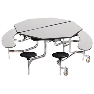 Mobile Combo Cafeteria Table, 60" Octagon with Stools and Benches, Particleboard Core, Vinyl T-Mold Edge, Chrome Frame
