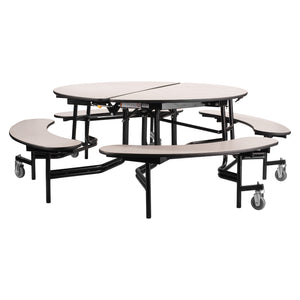 Quick Ship Mobile Cafeteria Table with Benches, 60" Round, MDF Core, ProtectEdge, Textured Black Frame, Grey Nebula Top and Benches