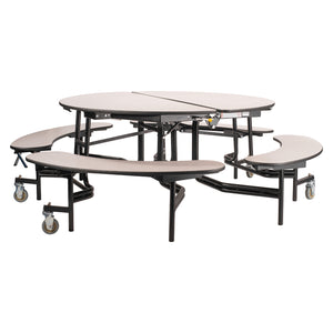 Quick Ship Mobile Cafeteria Table with Benches, 60" Round, MDF Core, ProtectEdge, Textured Black Frame, Grey Nebula Top and Benches