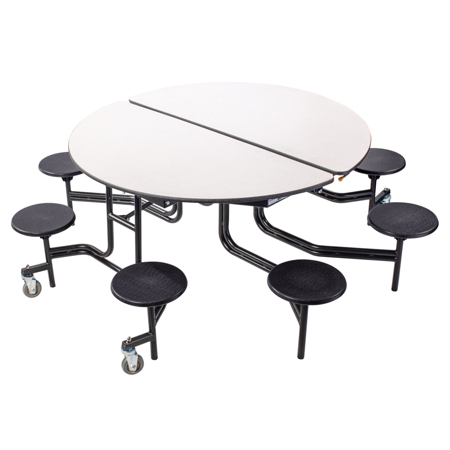 Quick Ship Mobile Cafeteria Table with 8 Stools, 60" Round, MDF Core, ProtectEdge, Textured Black Frame , Grey Nebula Top