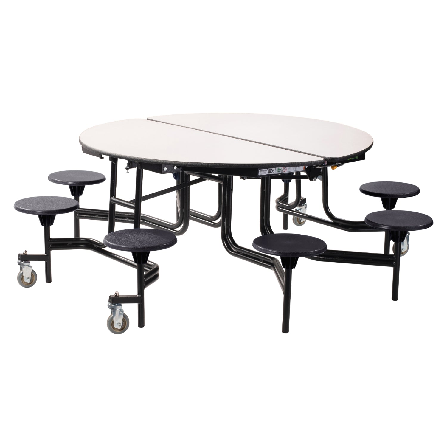 National Public Seating Mobile Cafeteria Table with 8 Stools, 60" Round, MDF Core, ProtectEdge, Black Frame, Grey Nebula Laminate