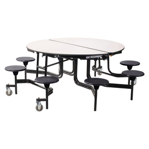 Quick Ship Mobile Cafeteria Table with 8 Stools, 60" Round, MDF Core, ProtectEdge, Textured Black Frame , Grey Nebula Top