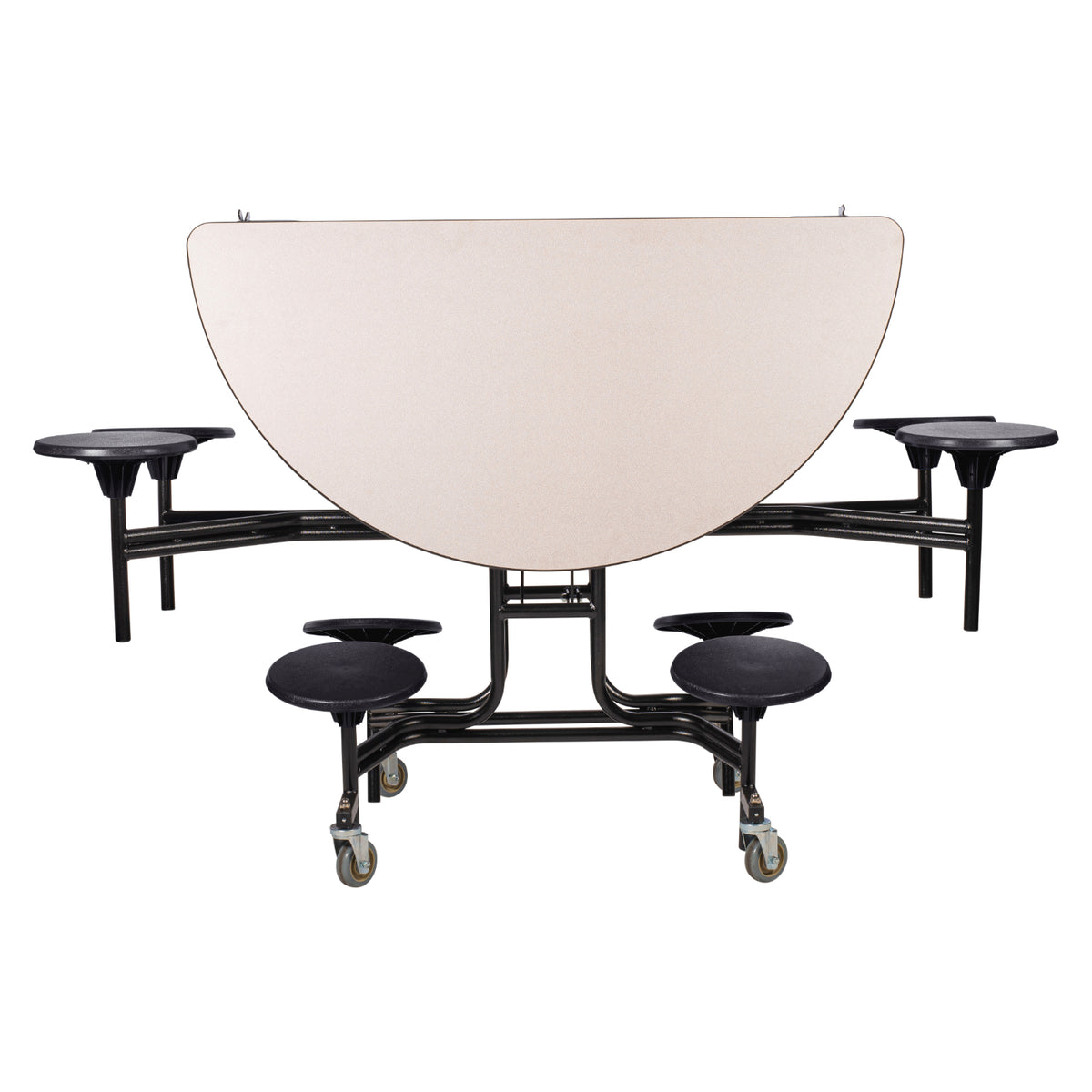 Quick Ship Mobile Cafeteria Table with 8 Stools, 60" Round, MDF Core, ProtectEdge, Textured Black Frame , Grey Nebula Top