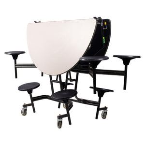 Quick Ship Mobile Cafeteria Table with 8 Stools, 60" Round, MDF Core, ProtectEdge, Textured Black Frame , Grey Nebula Top