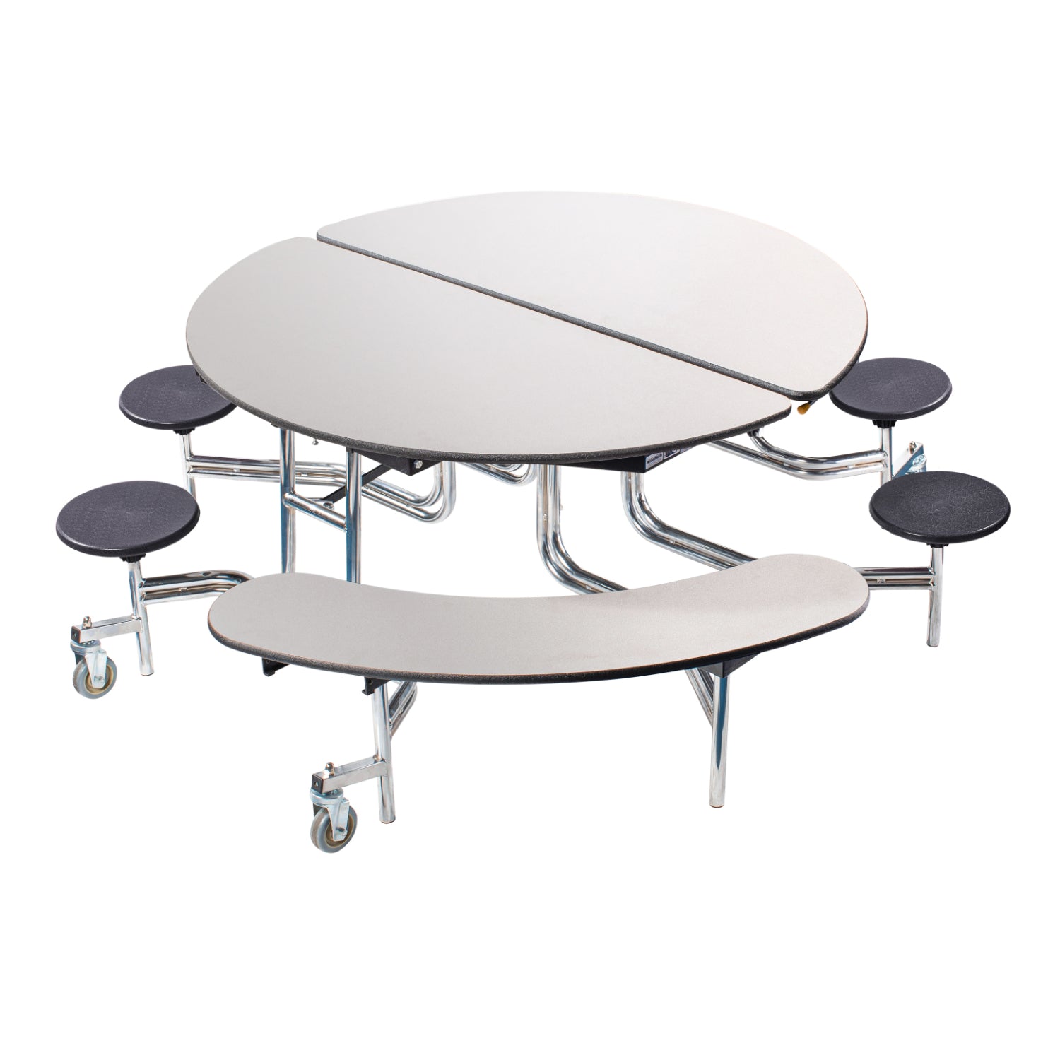 Mobile Combo Cafeteria Table, 60" Round with Stools and Benches, MDF Core, Black ProtectEdge, Chrome Frame