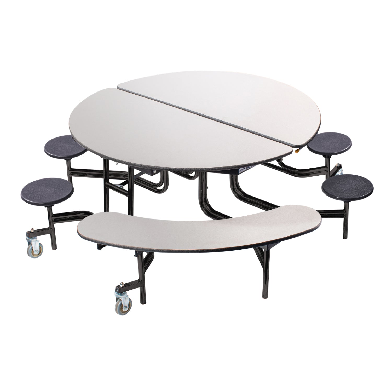 Mobile Combo Cafeteria Table, 60" Round with Stools and Benches, MDF Core, Black ProtectEdge, Textured Black Frame