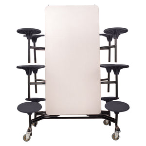 Mobile Cafeteria Table with 12 Stools, 10'L Rectangular, Particleboard Core, Vinyl T-Mold Edge, Textured Black Frame