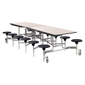 Mobile Cafeteria Table with 12 Stools, 10'L Rectangular, Plywood Core, Vinyl T-Mold Edge, Chrome Frame