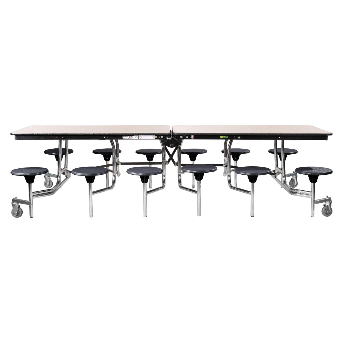 Mobile Cafeteria Table with 12 Stools, 10'L Rectangular, Plywood Core, Vinyl T-Mold Edge, Chrome Frame