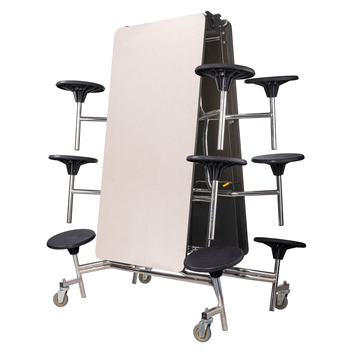 Mobile Cafeteria Table with 12 Stools, 10'L Rectangular, Plywood Core, Vinyl T-Mold Edge, Chrome Frame