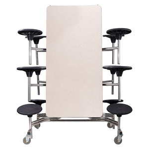 Mobile Cafeteria Table with 12 Stools, 10'L Rectangular, Plywood Core, Vinyl T-Mold Edge, Chrome Frame