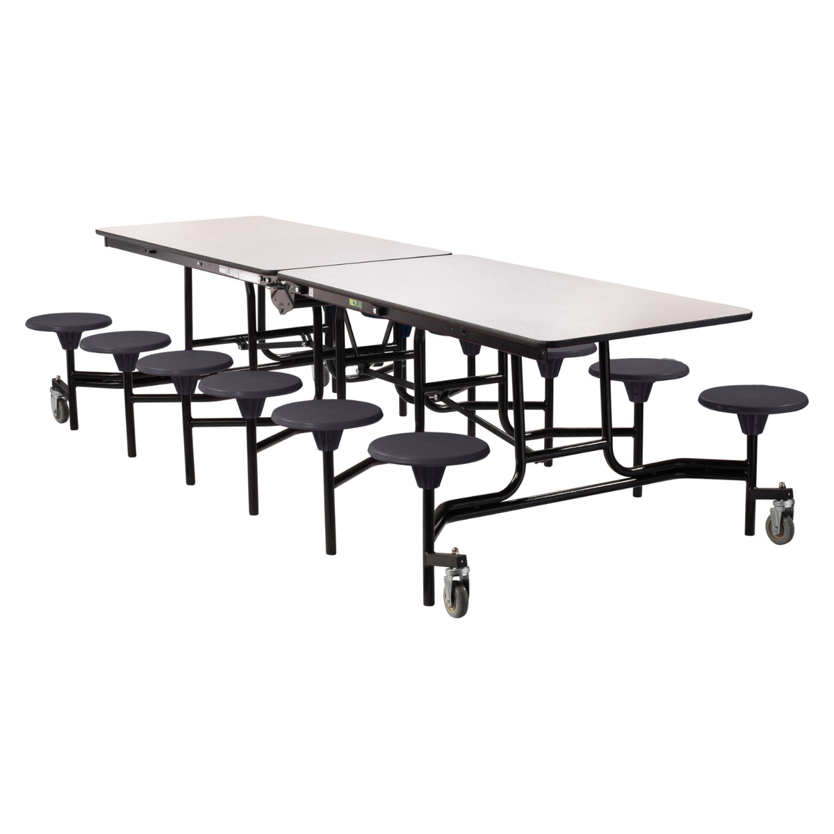 Mobile Cafeteria Table with 12 Stools, 10'L Rectangular, Plywood Core, Vinyl T-Mold Edge, Textured Black Frame