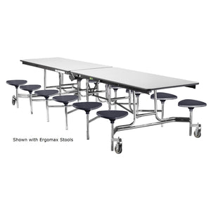 Mobile Cafeteria Table with 12 Stools, 12'L Rectangular, Particleboard Core, Vinyl T-Mold Edge, Chrome Frame