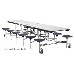 Mobile Cafeteria Table with 12 Stools, 12'L Rectangular, Plywood Core, Vinyl T-Mold Edge, Chrome Frame