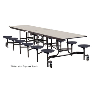 Mobile Cafeteria Table with 12 Stools, 12'L Rectangular, Particleboard Core, Vinyl T-Mold Edge, Textured Black Frame