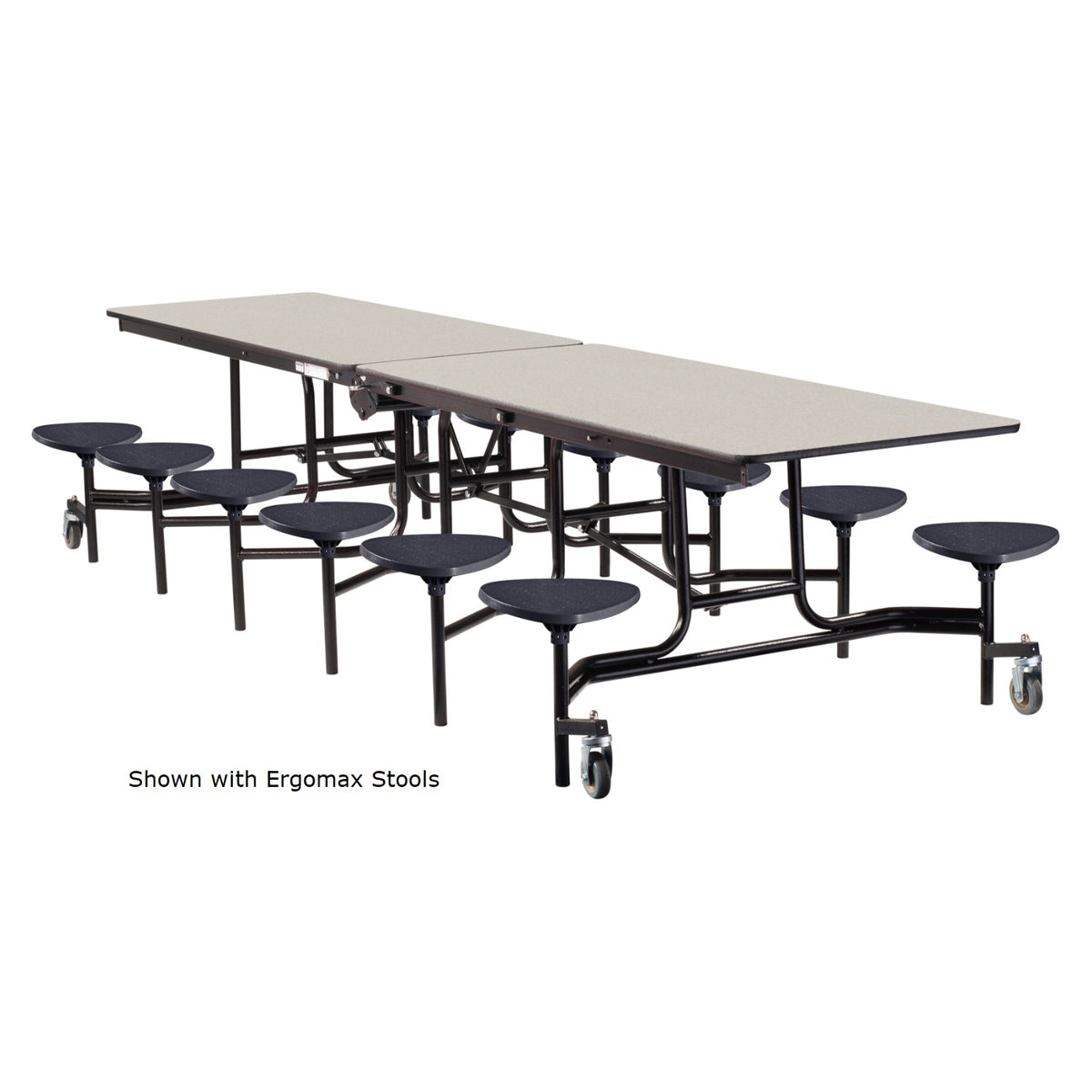 Mobile Cafeteria Table with 12 Stools, 12'L Rectangular, MDF Core, Black ProtectEdge, Textured Black Frame