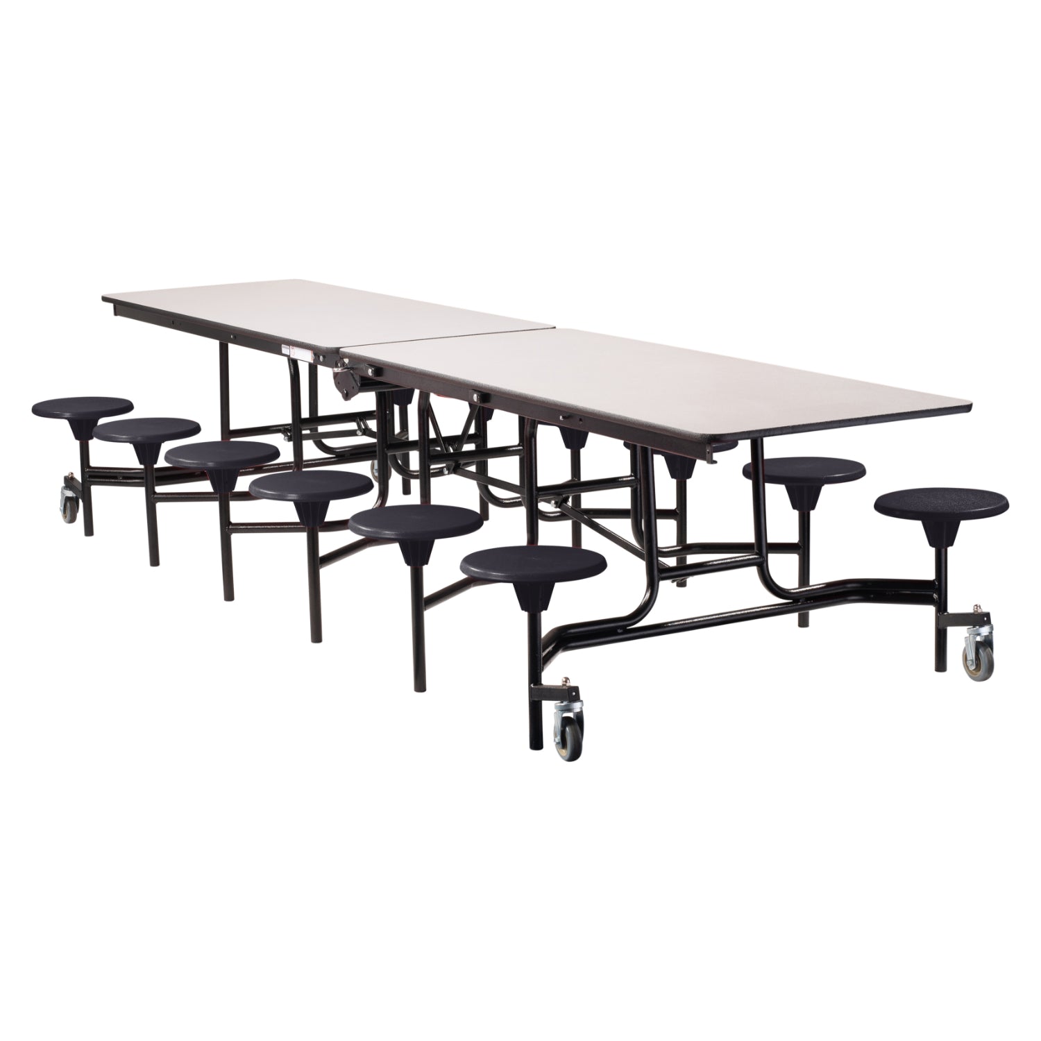 Quick Ship Mobile Cafeteria Table with 12 Stools, 12'L, MDF Core, ProtectEdge, Textured Black Frame, Grey Nebula Top