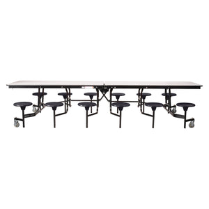Mobile Cafeteria Table with 12 Stools, 12'L Rectangular, MDF Core, Black ProtectEdge, Textured Black Frame