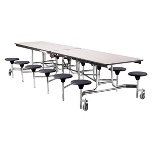 Mobile Cafeteria Table with 12 Stools, 12'L Rectangular, Particleboard Core, Vinyl T-Mold Edge, Chrome Frame